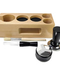 Game Changing Wooden Espresso Tamper Station With Precision Powder Distributor And Flat Bottom Stirrer Spoon showing 5 piece wooden espresso tool set.