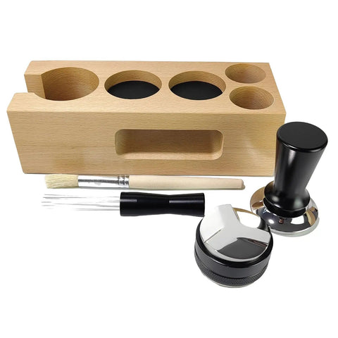 Game Changing Wooden Espresso Tamper Station With Precision Powder Distributor And Flat Bottom Stirrer Spoon showing 5 piece wooden espresso tool set.