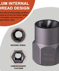 Close-up of 15 Piece Heavy Duty Bolt Extractor Set For Impact Three Eighth Inch Drive Remover Socket Tool Kit For Stripped Damaged Bolts Nuts Screws Removes Frozen Rusted Rounded Off Studs Chromium Molybdenum Steel Construction By YEKEPRO, showcasing plum internal thread design with reverse spiral, 12mm Cr-Mo marked socket