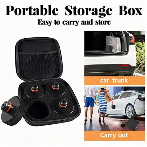 Tesla jack pad set (4-pack) in a black zippered case; four round black pucks with orange rims for Model 3/Y/S/X.