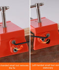 Close-up of Pro Grade Cabinet Clamps With Built-In Drill Aligner, showing right and left-hand tool adjustments on wood surface