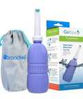 GoSpa Travel Bidet GS 70 Portable Peri Bottle with angled nozzle and travel bag in amaranthine next to product packaging