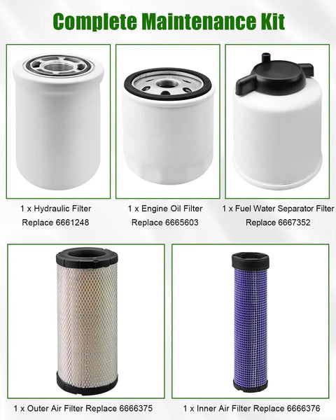 Engine Maintenance Filter Kit For Skid Steer Loaders 863 863G 864 864G 873 873G 883 T200 A300 A220 S250 Beefed Up All In One Air Fuel Oil Filter Set Replacement 6667352 6665603 6661248 6666375 6666376 showing filter components.