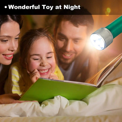 Set Of 30 Mini LED Keychain Flashlights With 5 Bulbs, Ultra Portable Pocket Lights illuminating a family reading at night
