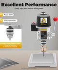 Heavy Duty Benchtop Drill Press Featuring Three Adjustable Speed Settings And Built Like A Truck Cast Iron Frame, showcasing steel clamping head.
