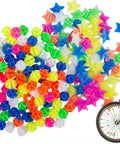 216 Piece Assorted Colors Bike Spoke Beads Clips Set For Wheel Decorations, Round And Star Plastic Clip Beads displayed with bike wheel