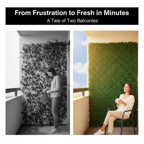 Side-by-side balconies, one with bare wall and another with Ivy Privacy Fence Screen 40 By 120 Inch UV Resistant Faux Boxwood Roll Panels.
