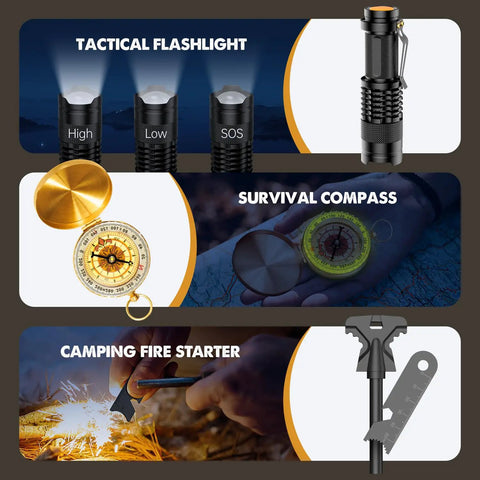 Dope 25 Piece Survival Kit For Men Dads Camping Essentials Gear And Outdoor Survival Tools Gift, flashlight, compass, fire starter.