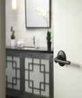 Latitude Matte Black Single Dummy Door Lever on interior door, no battery or latch needed, sleek modern hardware design in zinc alloy