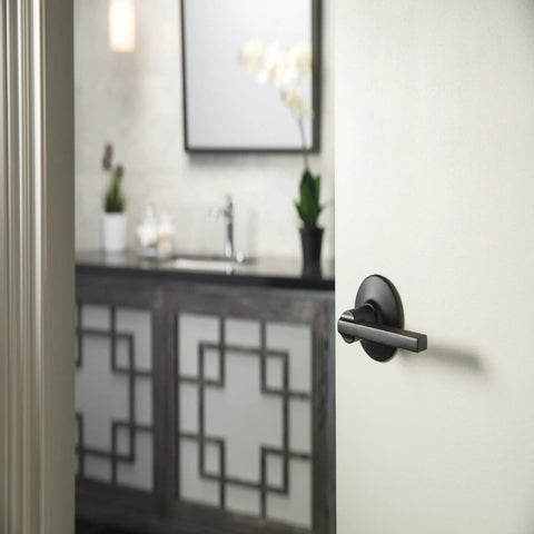 Latitude Matte Black Single Dummy Door Lever on interior door, no battery or latch needed, sleek modern hardware design in zinc alloy