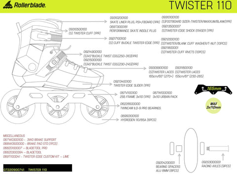 Diagram of Twister 110 Fitness Inline Skates For Unisex Adults With Urban Performance, showing parts and features.