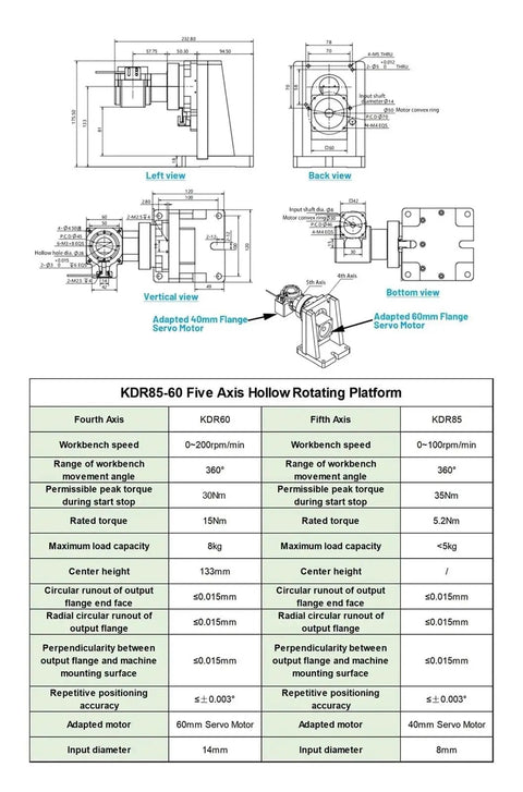 Rock Solid Heavy Duty Hollow Rotary Actuator With Five Axis Rotating Platform dimensions and specifications diagram