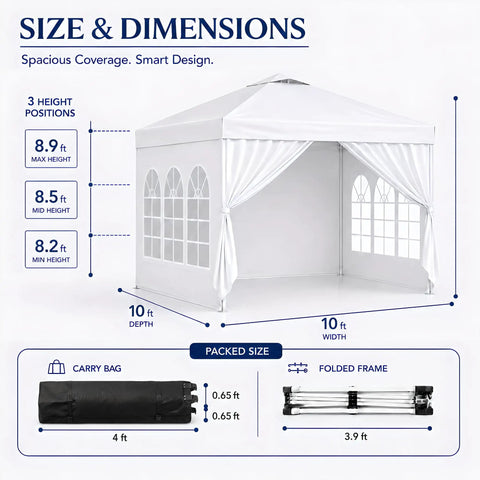 10x10 Pop Up Canopy With Sidewalls Quick Setup Portable Sun Shade Beach Tent Gazebo dimensions illustration