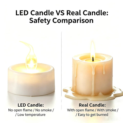Safety comparison of Flameless LED Candles With Remote Timer Warm White Flicker and traditional wax candle, highlighting differences