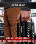 Person holding a black Portable Socket Organizer Tray Holds Up To Eighty Sockets Including Clips, ideal for road mechanics and DIYers.