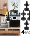 Heavy Duty Furniture Leveling Feet Adjustable Levelers For Desks Chairs Cabinets Dressers And Benches Screw On Round T Nut Kit Three Eighths Inch Sixteen Thread Four Pack Black shown in collage with furniture examples.