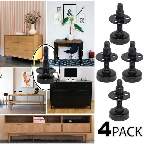 Heavy Duty Furniture Leveling Feet Adjustable Levelers For Desks Chairs Cabinets Dressers And Benches Screw On Round T Nut Kit Three Eighths Inch Sixteen Thread Four Pack Black shown in collage with furniture examples.