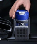 Smart Car Cup Cooler And Heater With One Touch Temp Control Ultimate Ride Game Beverage Warmer, blue cup on stylish alloy base.