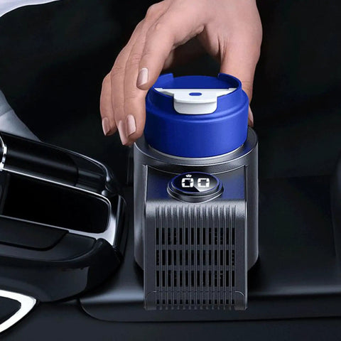 Smart Car Cup Cooler And Heater With One Touch Temp Control Ultimate Ride Game Beverage Warmer, blue cup on stylish alloy base.