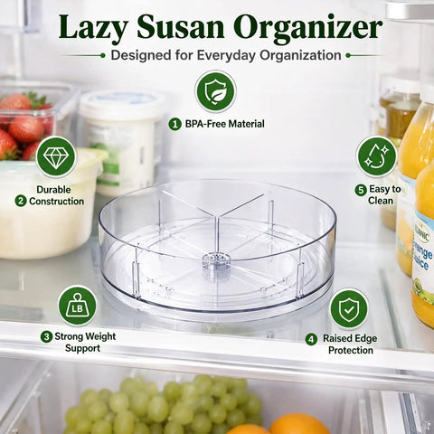 Four Pack 10.5 Inch Lazy Susan Organizers Smooth Operator Turntable Trays With Heavy Duty Non Slip Base in refrigerator.
