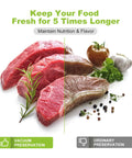 Comparison of fresh vacuum-sealed steak with rosemary and ordinary preserved brown steak, vegetables and spices.