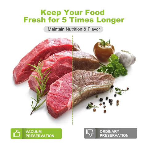 Comparison of fresh vacuum-sealed steak with rosemary and ordinary preserved brown steak, vegetables and spices.