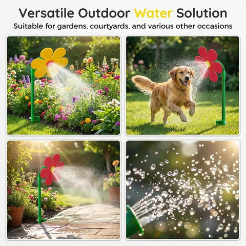 Dancing Flower Sprinkler With 360 Degree Rotation For Doggo And Garden Water Sprinkler For Lawn Backyard Outdoor Spray Motion Activated Water Toy For Summer Fun Red Color Great For Pets And Kids Easy To Use Durable Plastic. Yellow flower sprinkler in garden with rotating spray for lawn and pets.