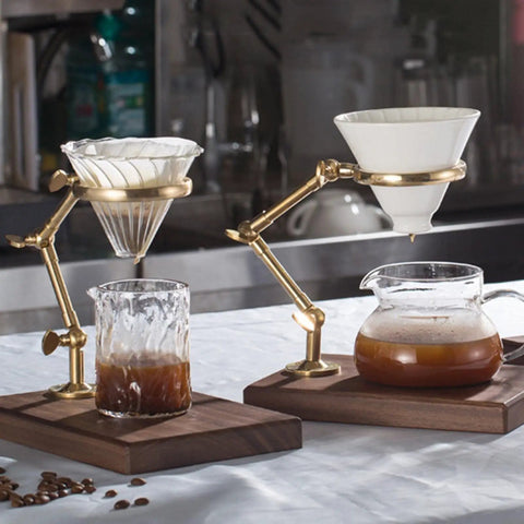Solid Wood Base Brass Holder For Pour Over Coffee Dripper Stand With Rotating Detachable Rack Top Shelf Barista Brewing Accessory Countertop Vibes Clean Kitchen Flex Setup featuring dual drippers and a glass jug.