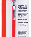 Car AC test thermometer by Amazon, red 5-inch probe with magnified dial, includes holder and clip