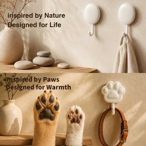 Top Shelf White Self Adhesive Wall Hooks Featuring Chic Paw And Oval Designs for hanging towels and pet leashes.