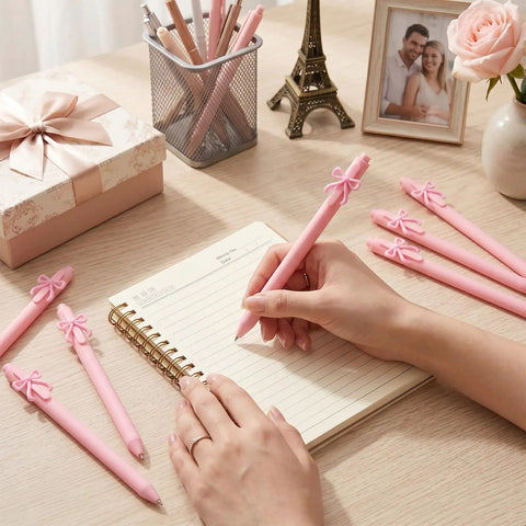 Writing with Pink Bow Pens Set 10 Pack Aesthetic Retractable Ballpoint Pens With Cute Bow Decor on a notebook