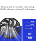 Universal 14 Inch Slim Electric Radiator Cooling Fan Kit 12V 90W Push Pull view showing 8-blade design and specs for vehicle cooling.