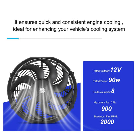 Universal 14 Inch Slim Electric Radiator Cooling Fan Kit 12V 90W Push Pull view showing 8-blade design and specs for vehicle cooling.