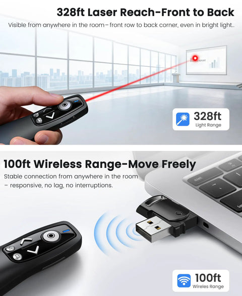 Wireless Presentation Clicker With Volume Control And Slide Advancer For PowerPoint Mac PC Laptop demonstrating laser range and USB receiver use