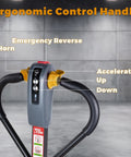 Control handle of Heavy Duty Electric Pallet Jack 3300 Lbs Capacity, featuring ergonomic design, accelerator, and emergency reverse horn.