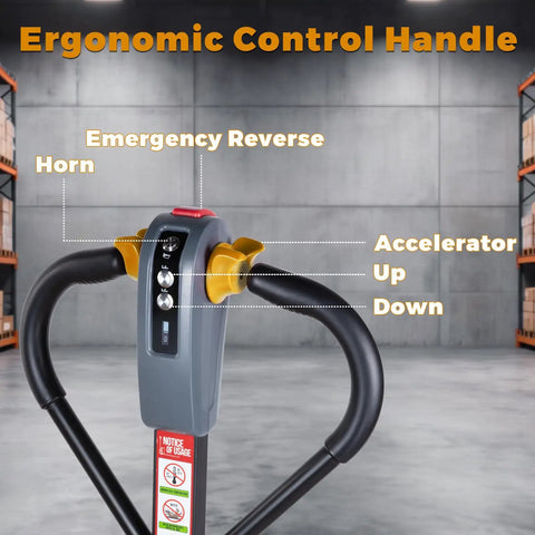 Control handle of Heavy Duty Electric Pallet Jack 3300 Lbs Capacity, featuring ergonomic design, accelerator, and emergency reverse horn.