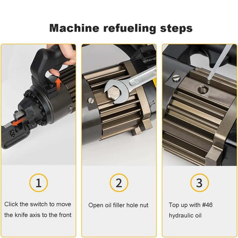 USZWBY Portable Hydraulic Rebar Cutter 900W Handheld Steel Bar Cutting Machine refueling steps with oil filler and wrench