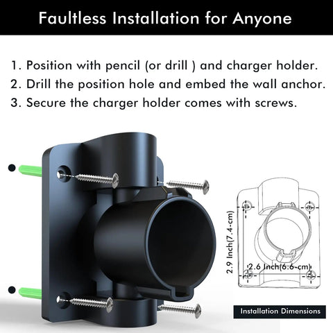 Badass Wall Mount J1772 EV Charger Holder Boasts A Slick Swivel To Clear Floor Space In Tight Garages Locks Type 1 Sae Plugs installation guide image showing dimensions and screw placement