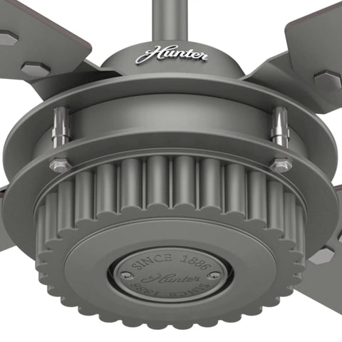 Close-up of Big 54 Inch Matte Silver Ceiling Fan For Indoor And Outdoor Living With Reversible Walnut Blades And Ultra Quiet Whisper Wind Motor