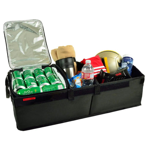 Heavy Duty Trunk Organizer With 28 Can Capacity Leak Proof Cooler, Rigid Base, Adjustable Dividers, 30 Inch Wide By 15 Inch Deep