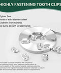 Stainless Steel Strapping Banding Kit With Ratchet Tensioner And Cutting Tool For Three Quarters Inch By One Hundred Feet Of 304 Stainless Steel Banding Includes 100 Buckles Hammer And Work Gloves For Heavy Duty Pallet Packaging showing buckles and strapping spool.