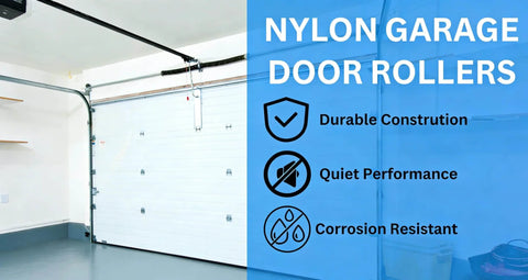 Nylon garage door with rollers installed, featuring 12 Pack 1.8 Inch Nylon White Garage Door Rollers With 4.7 Inch Stem Quiet Smooth Replacement Wheels With Double Seal For Reliable Garage Door Operation.
