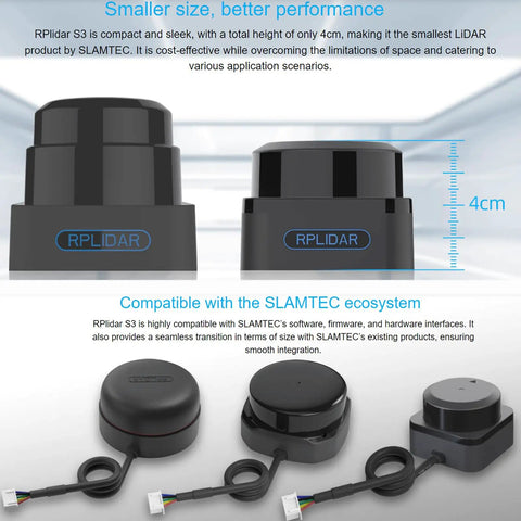 S3 DToF LiDAR Sensor With 40m Range 32KHz Sampling 80000 Lux Sunlight Immunity Go To Ultra Compact 360 Degree Laser Radar For ROS AGV And Service Robots USB UART, shown in compact 4cm design.