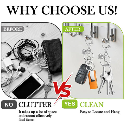 Comparison of cluttered desk before and organized keys after using Custom Initial V Keychain In Stainless Steel Key Ring Silver Alphabet Charm.