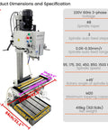 Gear Head Drill Press 220V 3 Phase 1.5KW with R8 Spindle showing dimensions and specifications