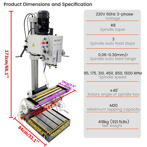 Gear Head Drill Press 220V 3 Phase 1.5KW with R8 Spindle showing dimensions and specifications