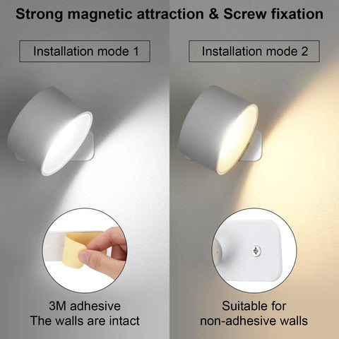 Cordless Rechargeable LED Wall Sconces 2 Pack With Magnetic Touch Dimmer demonstrating 3M adhesive and screw installation