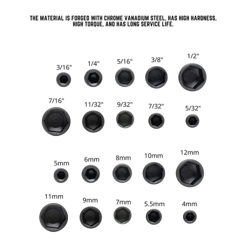 Impact Drill Nut Driver Set 20 Piece One Quarter Inch Hex Nut Driver Bits Metric And Standard Sizes Four To Twelve Millimeters And Five Thirty Second Inch To Half Inch CR V Steel Nutsetter Driver Bits with size chart
