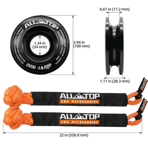 Beefed-Up Synthetic Soft Shackle And Recovery Ring Kit showing 1/2in by 22in shackles with 48,300 lb strength and pulley ring
