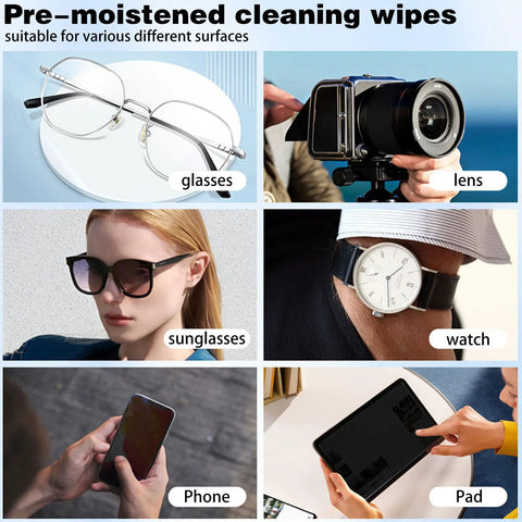 Lens cleaning wipes for eyeglasses and cameras; 200-count with 6 microfiber cloths, individually wrapped.
